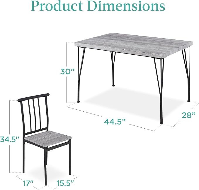 Best Choice Products 5-Piece Metal and Wood Indoor Modern Rectangular Dining Table Furniture Set for Kitchen, Dining Room, Dinette, Breakfast Nook w/ 4 Chairs - Gray