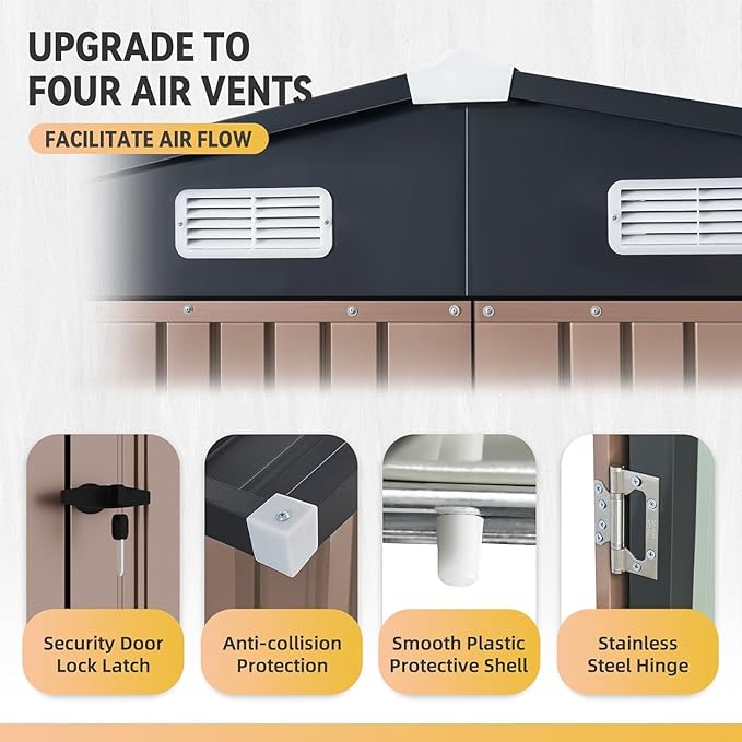 Aoxun 8' x 6' Storage Shed with Base Outdoor Steel Garden Utility Cabinet with Lockable Door Waterproof & Rust-Proof for Yard, Patio, Backyard (Brown, Base Included)