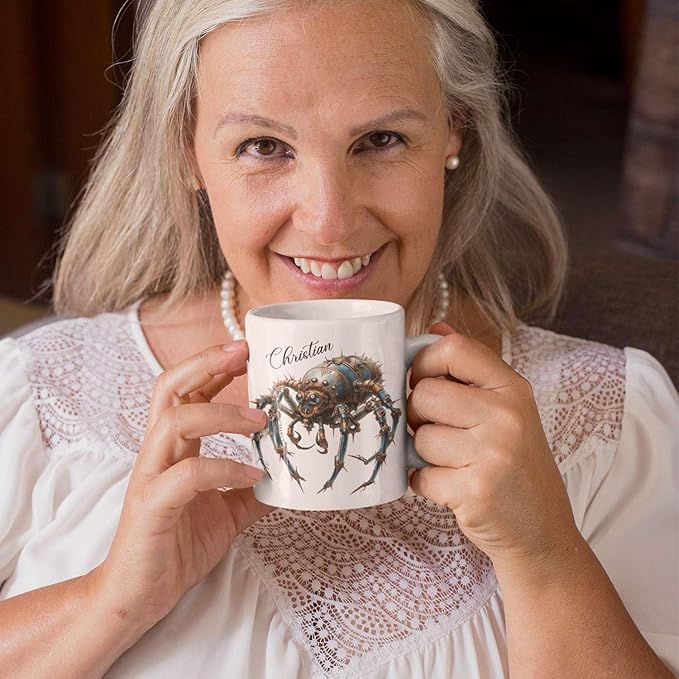 Personalized Steampunk Insect Mug, Customizable Name Mechanical Character Coffee Cup 11oz, Unique Cyberpunk Design Ceramic Mug, Customized White Cup Gift For Sci-Fi Enthusiasts