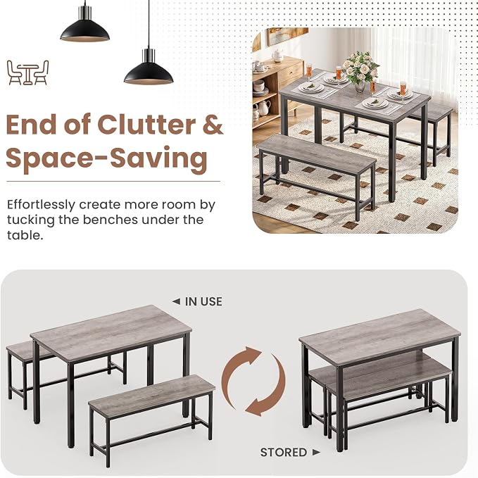 Dining Table Set for 4, Kitchen Table with 2 Benchs, Grey | Modern Functional 3 Piece Space-Saving Dining Room Table Set for Apartment, Breakfast Nook, Small Space
