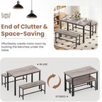 Dining Table Set for 4, Kitchen Table with 2 Benchs, Grey | Modern Functional 3 Piece Space-Saving Dining Room Table Set for Apartment, Breakfast Nook, Small Space