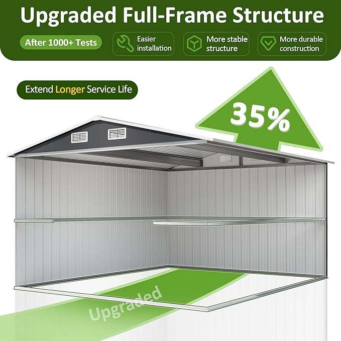 10x12 FT Outdoor Storage Shed, Metal Garden Tool Shed with Updated Frame Structure and Lockable Doors, Ideal for Backyard Garden Patio Lawn, Grey