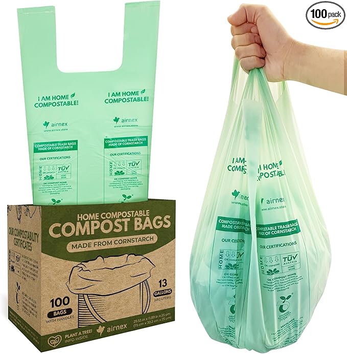 Compost Bags for Countertop Bin -Compostable Trash Bags made of Cornstarch - Leakproof & Tear Resistant Biodegradable Trash Bags - OK Compost Home & Seedlings Certified (13 Gallon, 100 Count)