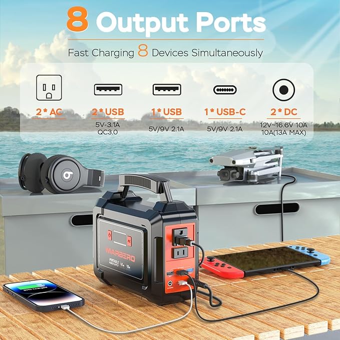 MARBERO Solar Generator 167Wh Camping Portable Power Station 200W Peak with Foldable Solar Panels 30W with AC Outlet 110V Multi-Port LED Flashlights for CPAP Home Camping Hurricane Emergency