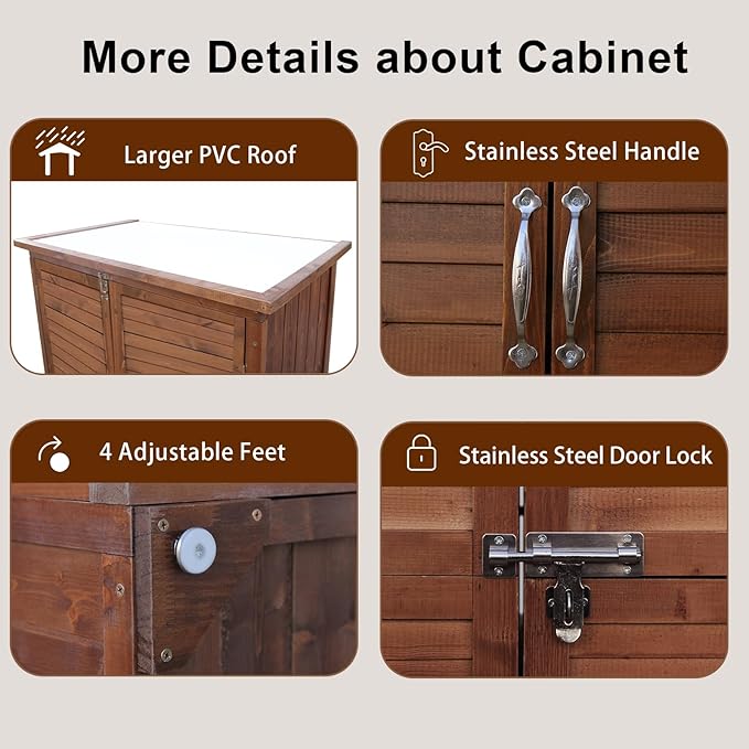 Outdoor Storage Cabinet, Wood Garden Shed, Pool Storage Shed with Lockable Door, Waterproof Roof and 2 Removable Shelves, Vertical Outside Storage Shed for Patio, Backyard, Carbonized Black