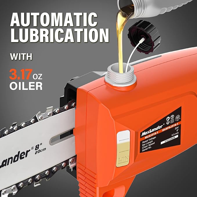 MAXLANDER 8 Inch Cordless Pole Saw, 20V Power Pole Chainsaw for Tree Trimming, Telescoping Electric Tool-free Installation, Adjustable Head Pole Saw with 2.0Ah Battery & Fast Charger