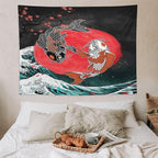 Houselerax Koi Fish Tapestries,Japanese Style Yin Yang Big Wave Cherry Blossoms Tapestry Wall Hanging for Bedroom Living Room Office Decor 80"x60"