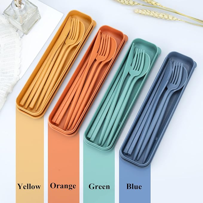DISSKNIC Reusable Travel Utensils with Case, 4 Sets Wheat Straw Portable Cutlery Set Chopsticks Knives Fork and Spoon for Lunch Box Accessories, Camping Flatware Sets for Daily Use or Outdoor