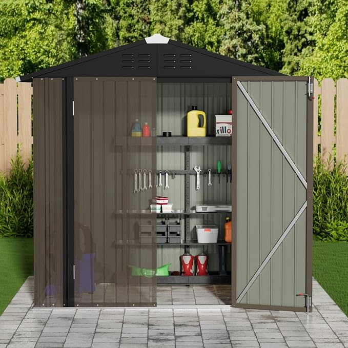 JUMMICO Metal Outdoor Storage Shed 6 x 4 FT Metal Shed with Lockable Door,Waterproof Garden Tool Shed Storage House for Backyard Patio Lawn,Brown