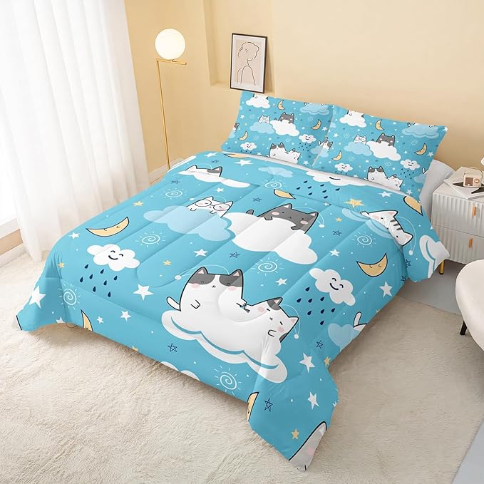 Cat Comforter King Size,Blue Cloud Cats Comforter Set for Kids Teens Girls Boys,3Pcs Bedding Set Printed Comforter with 2 Pillowcases,Down Alternative,Soft and Lightweight，King Size