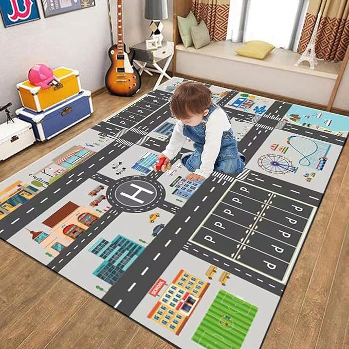 Kids Rug Play Mat Great for Playing with Cars and Toys,Educational Kid Road and Traffic City Life Carpet,Children Baby Fun Throw Rug for Bedroom Play Room,63X91Inch/160X230CM