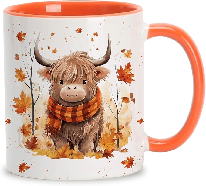 Hyturtle Fall Highland Cow Maple Leaves Coffee Mug Gifts For Cow Lovers | Fall Autumn Decor, Thanksgiving Gift, Premium 11oz White Ceramic Mug, Print on Both Sides, Perfect for Hot or Cold Coffee Tea