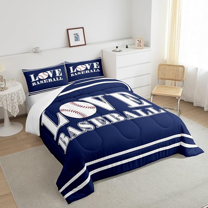 Feelyou Kids Baseball Comforter Set Queen Size Sports Game Bedding Set for Boys Girls Teens Bedroom Decor Baseball Gaming Comforter Gift for Baseball Lover Duvet Set with 2 Pillow Case