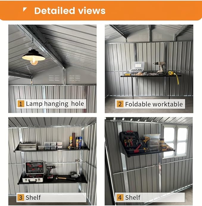 KEIKI 12x10 Ft Metal Outdoor Storage Shed Garden with Window, Foldable Worktable & Shelves, Lockable Door, Waterproof Apex Roof Heavy Duty Tool House for Backyard Garden Lawn, Grey