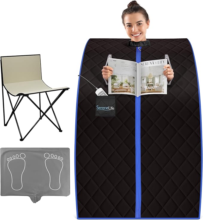 SereneLife Compact & Portable Infrared Steam Sauna, Personal Spa Style Sauna for at-Home Relaxation and Rejuvenation, Easy Access Sit-in Design, Foldable Chair, Energy Efficient, Foot Pad Heating Mat