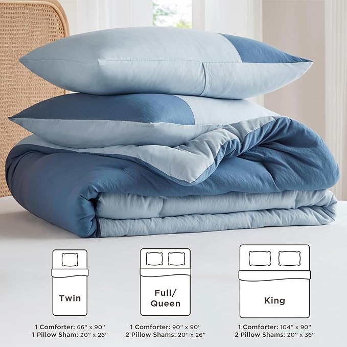 Blue Twin Comforter Set - Modern Soft Farmhouse Bedding for Teen Boys, Kids Colorblock Pattern Bed Sets for All Season, 2 Pieces includes 1 Comforter, 1 Sham (66"x 90")