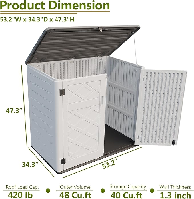 HOMSPARK Storage Shed Weather Resistance, Multi-Purpose Outdoor Storage Cabinet for Backyards and Patios, Horizontal Storage Shed for Lawnmower, Patio Accessories (Off-White, Large - 48 cu.ft)