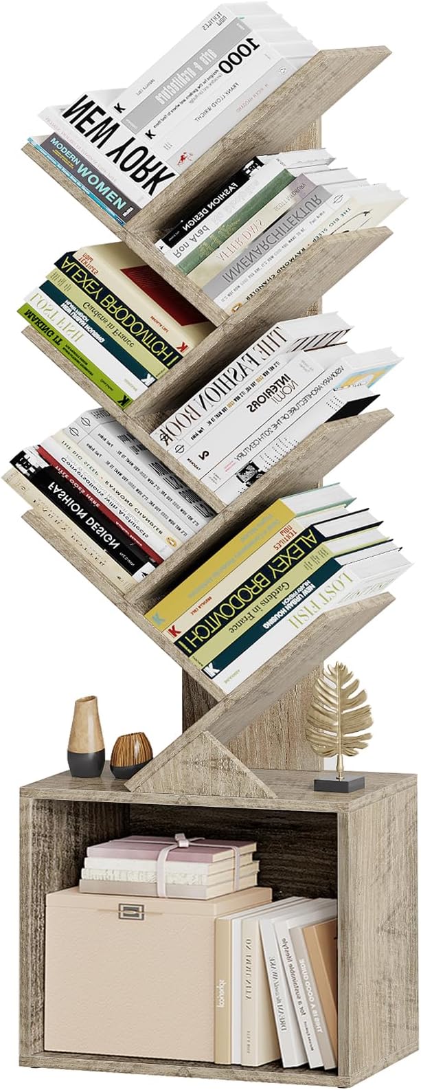 Vagusicc 6 Tier Tree Bookshelf, Modern Floor Standing Bookcase with Storage Drawer, Space Saving Storage Organizer Book Shelves for Books, Tall Wood Storage Rack for Bedroom/Living Room/Home Office