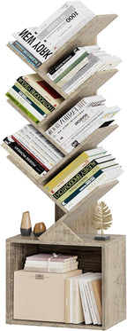 Vagusicc 6 Tier Tree Bookshelf, Modern Floor Standing Bookcase with Storage Drawer, Space Saving Storage Organizer Book Shelves for Books, Tall Wood Storage Rack for Bedroom/Living Room/Home Office
