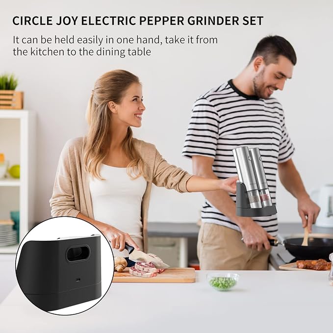 CIRCLE JOY Electric Salt and Pepper Grinder Set Stainless Steel Spice Grinder Automatic Pepper Mills with Easy-to-Carry Dual Charging Station, White Led Light, and Adjustable Coarseness, Silver