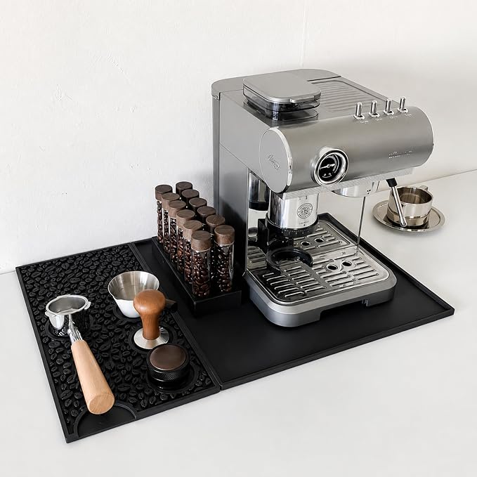 Coffee Bar Mats for Countertop, 23.6x15.7in Silicone Dish Drying Mat | Black Silicone, Home Bar Counter, 2-Zone Dish Mat Drying Kitchen Mat, 4 Tool Slots, Bartender Accessories