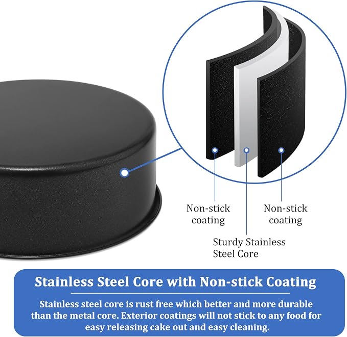 P&P CHEF 9.5 Inch Cake Pan Set, 2Pcs Non-stick Round Baking Cake Pans Tins | Stainless Steel Core & Nonstick Coating, Good for Baking Layer Tier Cakes for Birthday Wedding, Deep Side & One-piece Design