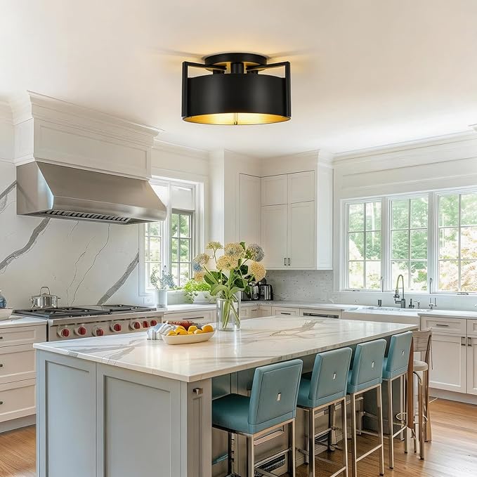 Black Semi Flush Mount Ceiling Light, 15'' Modern Farmhouse Hallway Entryway Light Fixtures Ceiling Mount, 3-Light Rustic Foyer Lighting Fixtures Ceiling lights for Kitchen Island Bedroom Dining Room