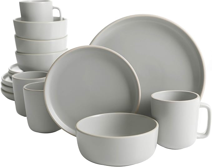 Gibson Home Zuma 16 Piece Round Kitchen Dinnerware Set, Dishes, Plates, Bowls, Mugs, Service for 4, Matte Stoneware, Light Grey