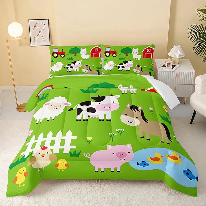 Farm Animal Comforter,Pig Cow Sheep Comforter Set for Kids Teens Girls Boys,3Pcs Bedding Set Printed Comforter with 2 Pillowcases,Down Alternative,Soft and Lightweight，Full Size