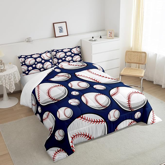 Baseball Bedding Set Sports Theme Comforter Set for Kids Boys Girls Teens 3D Blue Ball Pattern Comforter Breathable Baseball Games Duvet Set Room Decor Quilt Set King Size