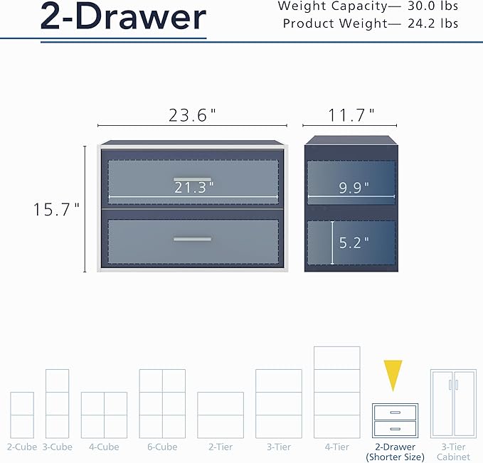 Apexa 2-Drawer Wooden Stackable Storage Drawers, Small Food Pantry Cabinet, Cajonera De Madera, Underbed Drawer Dorm Teen Room Decor & Bedroom, Home Office, Kitchen, Steel Blue