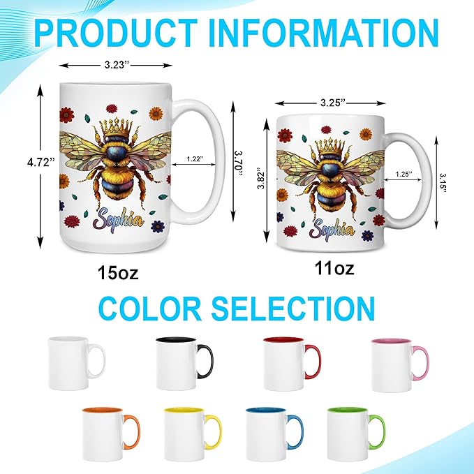 Hyturtle Personalized Floral Bee Mug - Bee Keeper Gifts For Women Lovers Teacher - Honey Gifts For Beekeeper Farmer On Birthday - Queen Honeycomb Decor - Custom Coffee Cup Ceramic Mug 11 Oz 15 Oz
