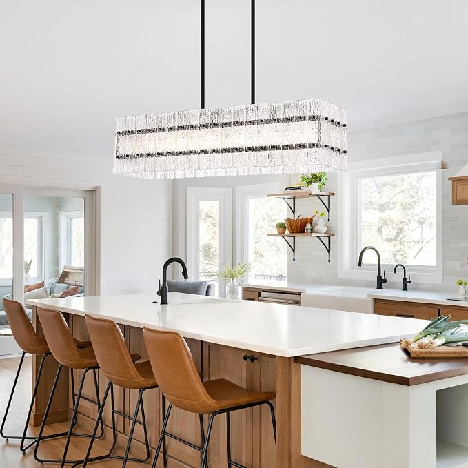Modern Black Rectangle Water Ripple Glass Chandelier 6 Lights for Dining Room Kitchen Island Bar Living Room UL Listed L39.4 in