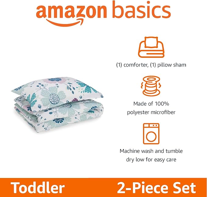 Amazon Basics 2 Piece Microfiber Kid's Comforter and Pillow Sham Set, Toddler, Purple Flowers, Floral