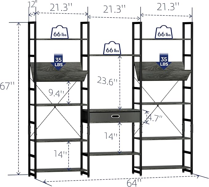 NUMENN Triple Wide 5 Tier Bookshelf, Adjustable Rustic Industrial Style Book Shelves, Modern Bookcases and Bookshelves Furniture for Bedroom, Living Room and Home Office, Dark Grey
