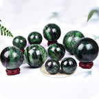 JIC Gem Natural Quartz Crystal Ball Ruby Zoisite Gemstone Sphere with Decoative Stand Red&Green Treasure Healing Crystal Ball for Meditation Grid Decor (80-90mm)
