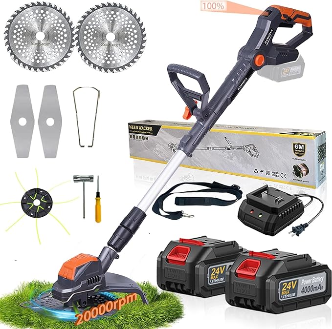 Electric Weed Wacker Cordless,24V Weed Cordless Eater Battery Powered,Weed Cutter with 2Pcs 4.0Ah Batteries,1300W Motor,2 Types Blades,Grass/String Trimmer Lawn for Yard and Garden