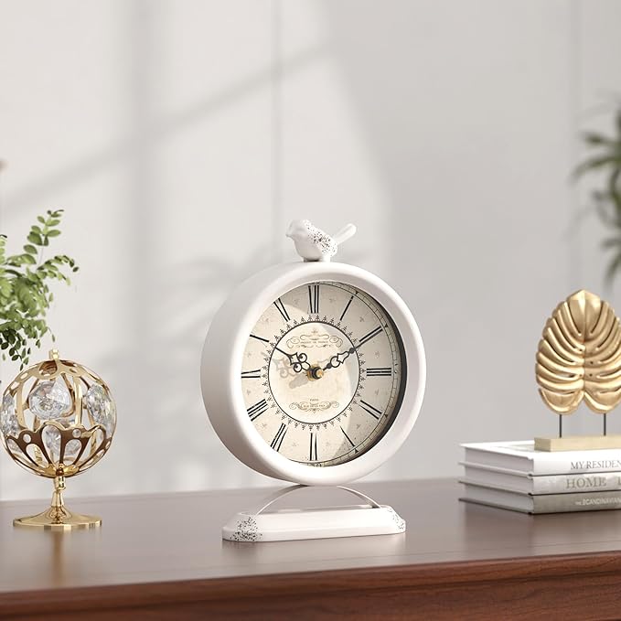 Vintage Table Clock with Bird, European Antique Style White Mantel Clocks, Desk and Shelf Decor Clock, for Farmhouse, Bedside, Living Room, Bedroom, Gift (9" H x 6.5" W)