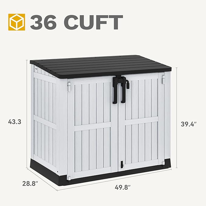 DWVO 36 cu ft Tool Storage Shed, Storage for Bakcyard, Patio, and Garden, Resin Plastic Shed with Sloped Lid, Lockable Door, and Wood Grain Finish, Light Gray