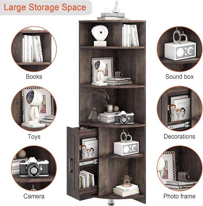 6 Tier Corner Shelf with Drawer, Corner Bookshelf and Corner Bookcase Corner Display Storage Cabinet Stand for Living Room, Bedroom, Office, Small Space, Black Walnut