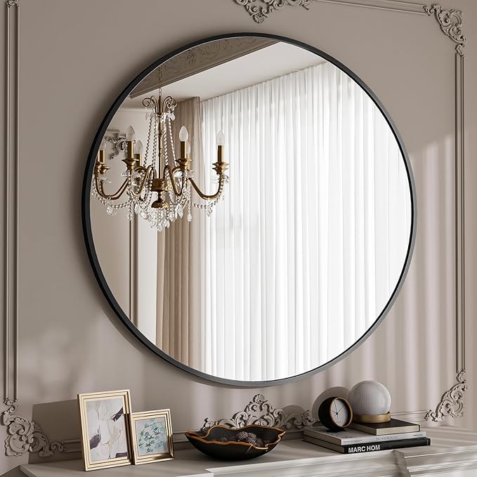 BEAUTYPEAK 40 Inch Round Mirror, Metal Frame Circle Mirror, Wall Mounted for Entryway, Bathroom, Vanity, Living Room, Black