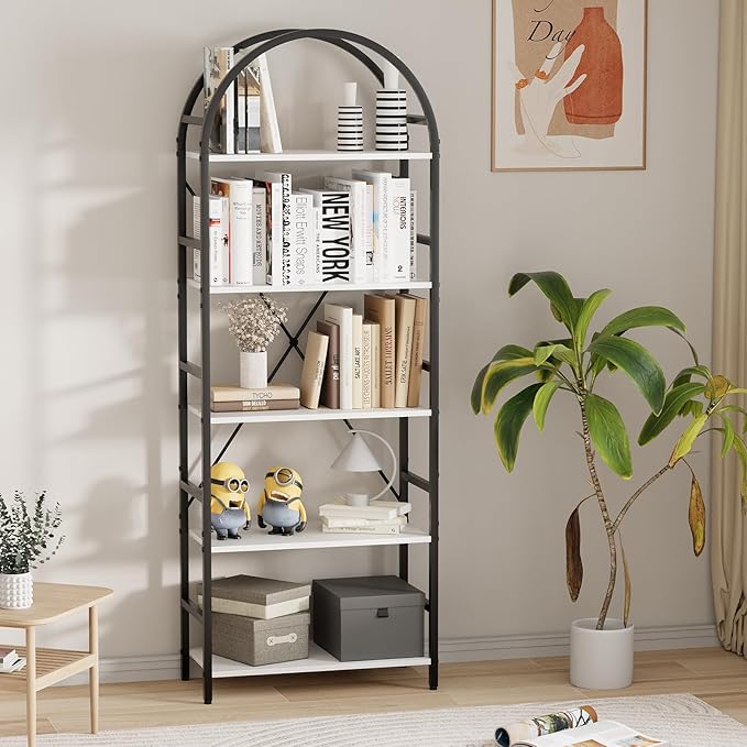 5-Tier Bookshelf, 24 Inch Width Industrial Arched Bookcase, Vintage Storage Rack with Open Shelves, Free Standing Shelf for Home Office, Living Room,Bedroom, Black & White