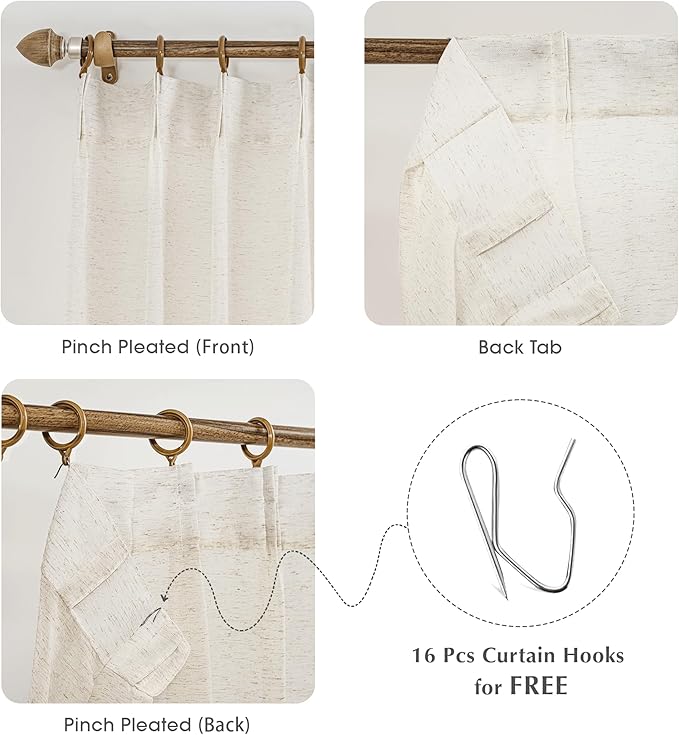 FMFUNCTEX Linen Sheer Pinch Pleated Curtains for Bedroom, Linen Flax Beige 72 Inches Long Sheer Curtain See Through Panels for Living Room, Natural Window Drapes for Farmhouse, Rod Pocket 2 Panels