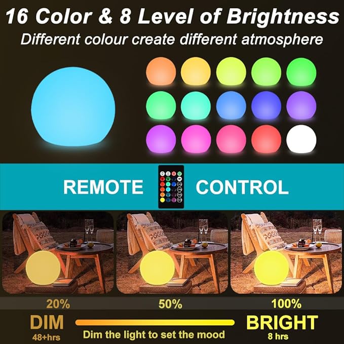 12 Inch Solar Glowing Ball Light Outdoor, Solar Garden Globe Light w/Remote, RGB Color Changing Waterproof Large LED Orb Lights, Landscape Lighting Mood Lamp w/Ground Stake for Patio Yard Lawn Path