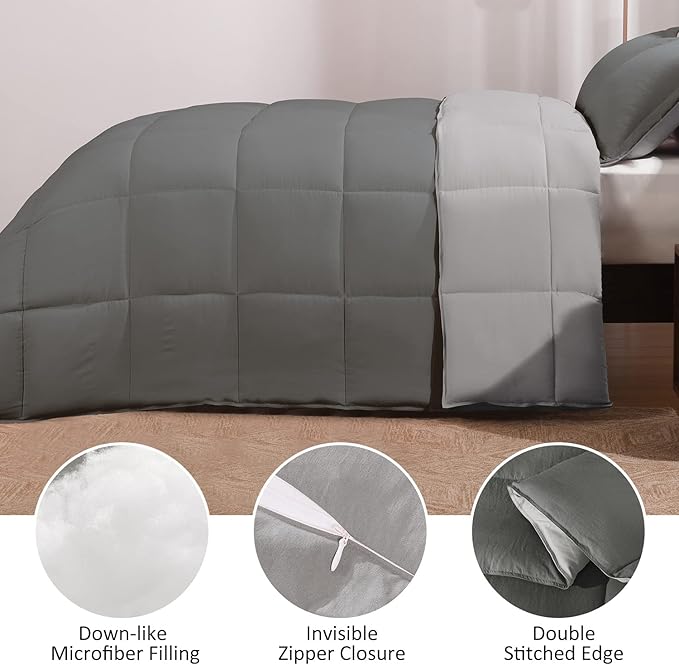 Basic Beyond King Size Comforter Set - Fluffy King Bed Comforter Set for All Seasons - Reversible Dark Grey Comforter Set - 3 Pieces (1 Comforter + 2 Pillow Shams) - Dark Gray/Grey