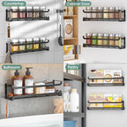 LUCYCAZ 2 Pack Wall Mounted Spice Rack with 16 Hooks, Spice Organizer Shelf for Stove Cabinet Pantry Door,Screw or Adhesive Spice Shelf Hanging Wall Spice Rack in Kitchen and RV (Black, 2 PACK)