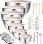 Wildone Mixing Bowls with Airtight Lids, 27 PCS Stainless Steel Nesting Bowls, with 3 Grater Attachments, Scale Mark & Non-Slip Bottom, Size 5, 4, 3, 2, 1.5, 1, 0.63QT, Ideal for Mixing & Prepping | Metal Bowls with 3 Grater Attachments, Non-Slip Botto...