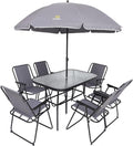 Nice C Outdoor Dining Sets, Patio Furniture Set, 8 Piece Set with Umbrella, Garden Outdoor Furniture Table Set with Tilted Removable Umbrella, Glass Table, and 6 Folding Chairs (Grey)