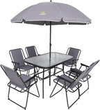 Nice C Outdoor Dining Sets, Patio Furniture Set, 8 Piece Set with Umbrella, Garden Outdoor Furniture Table Set with Tilted Removable Umbrella, Glass Table, and 6 Folding Chairs (Grey)