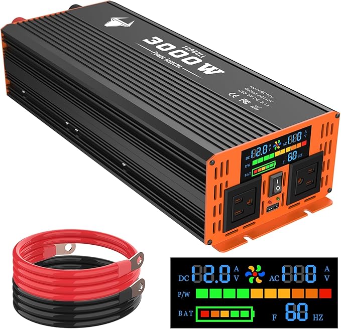 3000 Watt Power Inverter, Car/Home 12V DC to 110V AC Converter, with LED Display, Dual AC Outlets, USB Port, Dual Smart Fans, Cables Included, Suitable for Home, RV